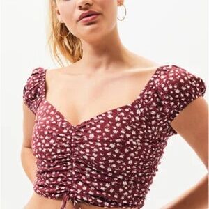 La Hearts Red and Floral Ruched Crop Blouse